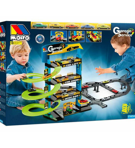 Moltó Racebaan Moltó 3 niveaus auto speelgoed met vijf auto's, kleurrijk speelgoed en voertuigen voor kinderen
