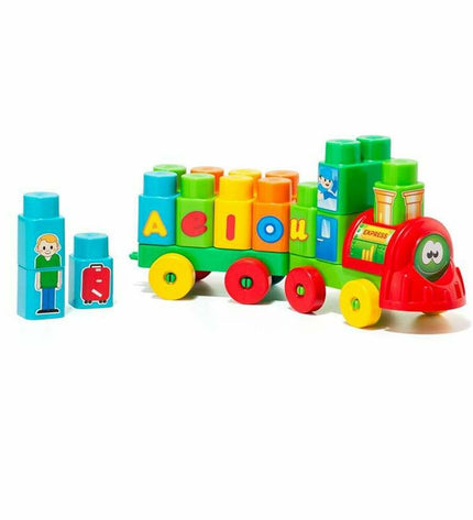 Moltó Aeiou Express truck toy with colorful building blocks, 28-piece construction set for children, detailed and playful design.