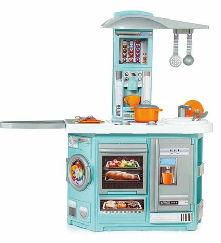 Blue Moltó play kitchen toy with foldable design, measuring 100x97x31 cm, featuring realistic cooking accessories for imaginative play.