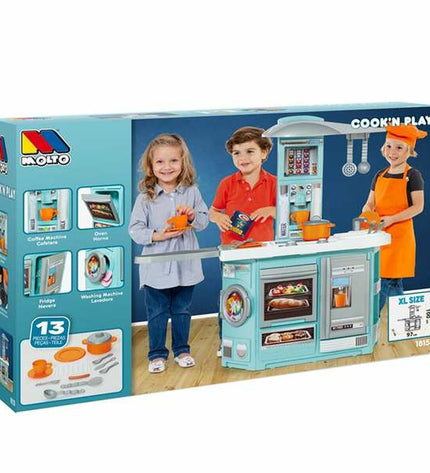 Blue Moltó toy kitchen with foldable design, measuring 100x97x31 cm, ideal for pretend play and imiteerspelletjes.