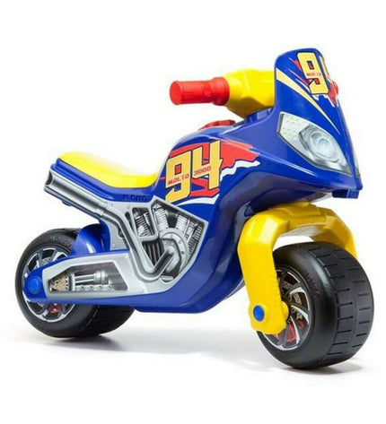 Blue Moltó motocross ride-on toy for children 18+ months, suitable for outdoor play and active fun.