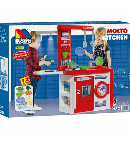 Moltó Toy Kitchen 82x28x57 cm, colorful pretend play kitchen set with realistic appliances and accessories for kids.