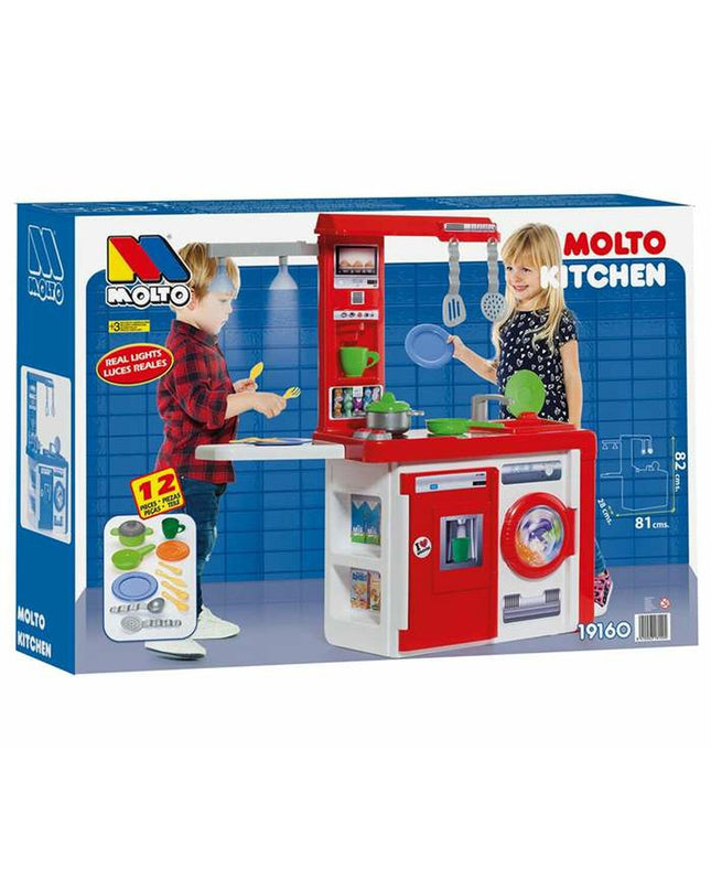 Moltó Toy Kitchen 82x28x57 cm, colorful pretend play kitchen set with realistic appliances and accessories for kids.