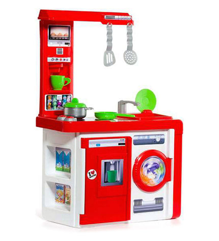 Moltó toy kitchen set with stove, sink, and storage shelves, measuring 82 x 56 x 28 cm, designed for pretend play.