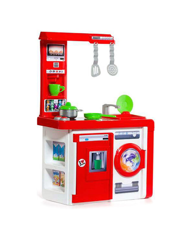 Moltó toy kitchen set with stove, sink, and storage shelves, measuring 82 x 56 x 28 cm, designed for pretend play.