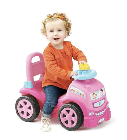 Pink Moltó toy truck driewieler with 30x60x43 cm dimensions, designed for outdoor play and imaginative games.