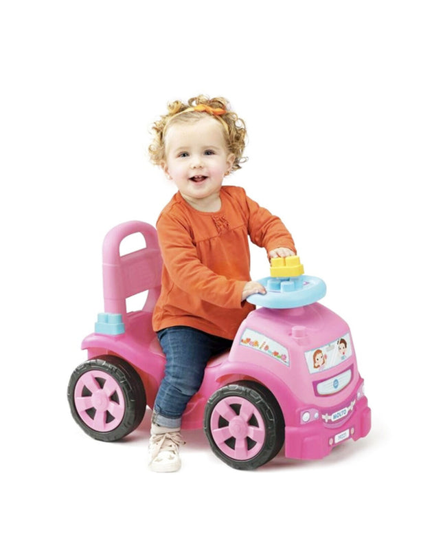 Pink Moltó toy truck driewieler with 30x60x43 cm dimensions, designed for outdoor play and imaginative games.