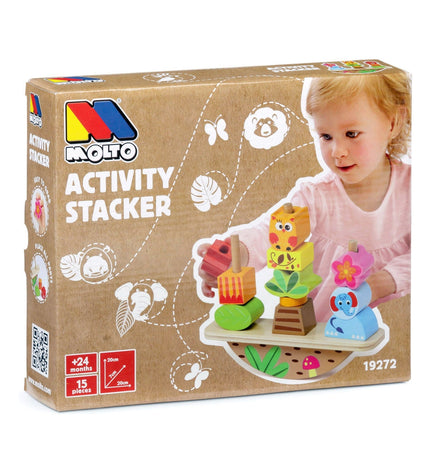 Colorful Moltó Baby Activity Stacker with rings and blocks, designed for young children to develop motor skills and sensory awareness.