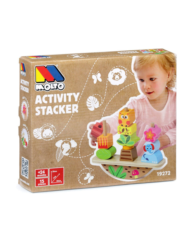 Colorful Moltó Baby Activity Stacker with rings and blocks, designed for young children to develop motor skills and sensory awareness.