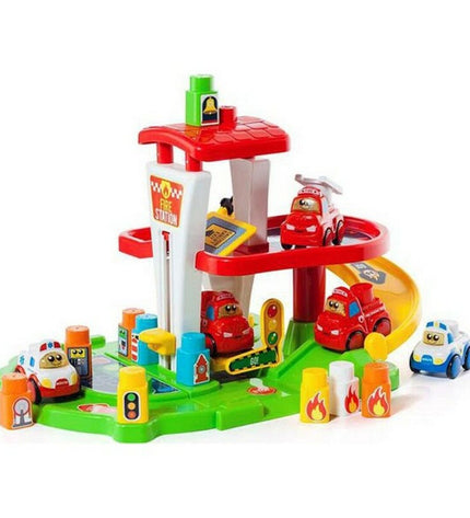 Colorful Moltó Playset Fire Station toy with fire trucks, figures, and accessories for imaginative play.