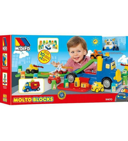 Moltó vrachtwagen speelgoed met bouwstenen, 82 cm lang, 10 bouwstenen, colorful plastic construction toy for kids.
