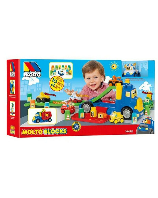 Moltó vrachtwagen speelgoed met bouwstenen, 82 cm lang, 10 bouwstenen, colorful plastic construction toy for kids.