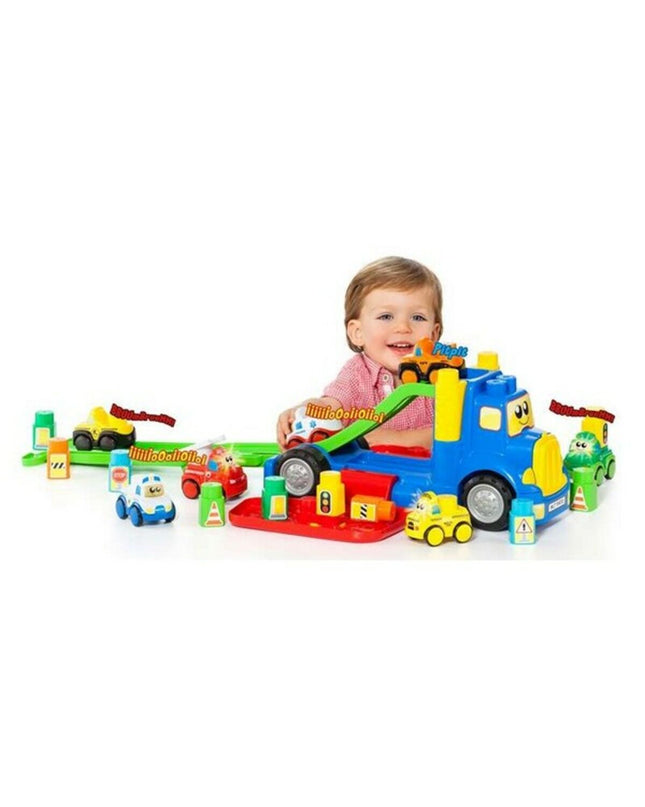 Colorful Moltó vrachtwagen toy with building blocks, 82 cm long, featuring 10 pieces for imaginative construction play.