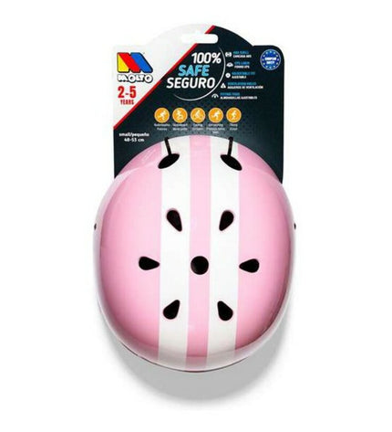 Pink and white Moltó children's bike helmet with ventilation holes, suitable for ages 48-53 cm head size, for sports and outdoor riding.