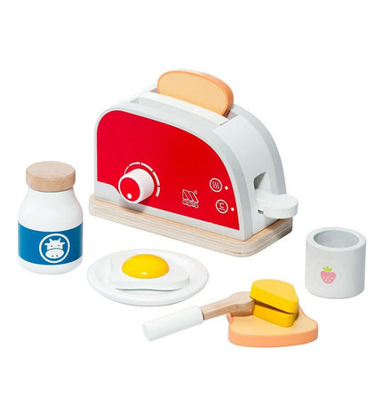 Moltó Toy Toaster Set with pretend bread slices, colorful play kitchen toy for children, realistic snack and breakfast play set.