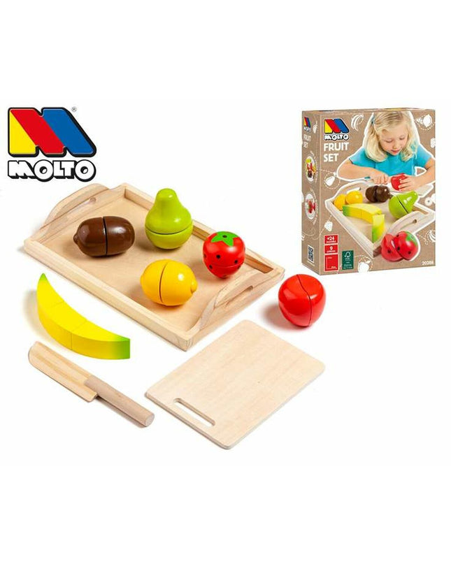 Moltó Eten speelgoedset met 9 fruitonderdelen voor imiteerspelletjes, inclusief verschillende kleurrijke fruitstukken.