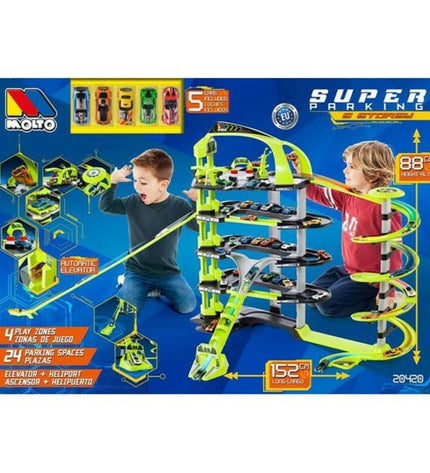 Moltó Super-Parkhaus 152 cm toy parking garage with colorful vehicles and miniature cars for play and display.
