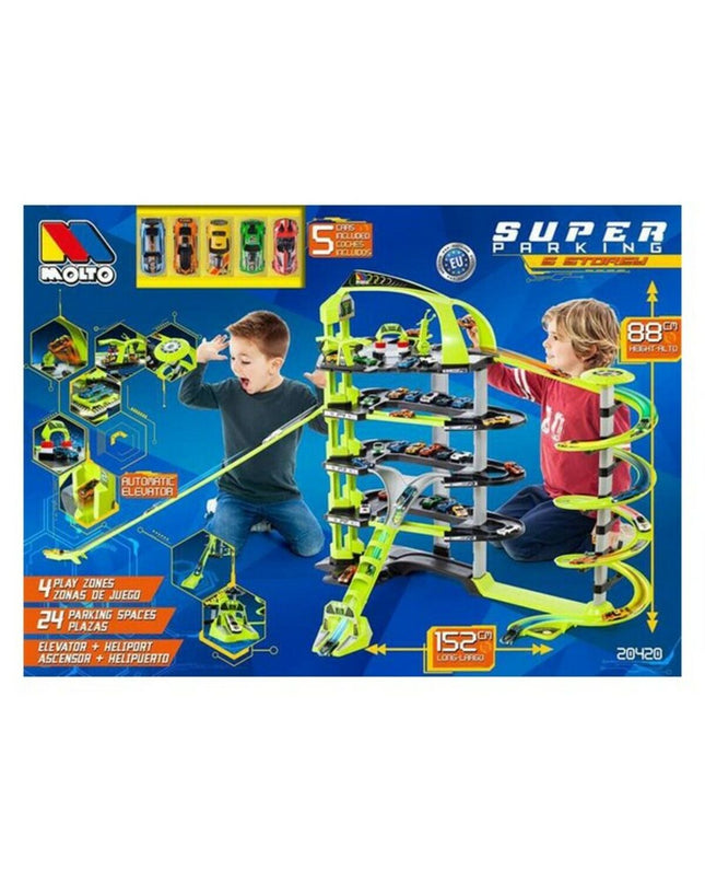 Moltó Super-Parkhaus 152 cm toy parking garage with colorful vehicles and miniature cars for play and display.