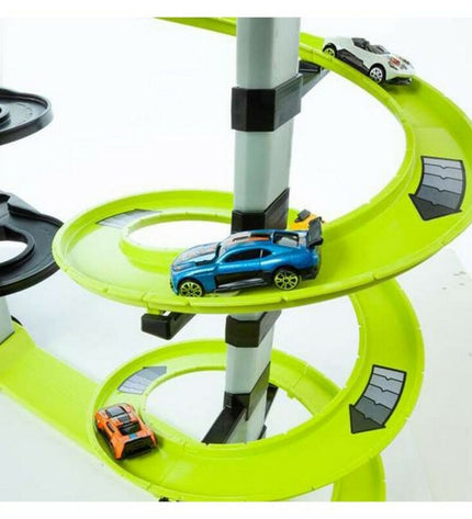 Moltó Super-Parkhaus toy garage with colorful vehicles and ramps, 152 cm tall, for play and imaginative car parking fun.