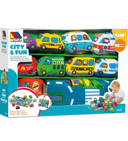 Colorful Moltó City and Fun play carpet featuring cityscape and playful designs for kids' games and activities.
