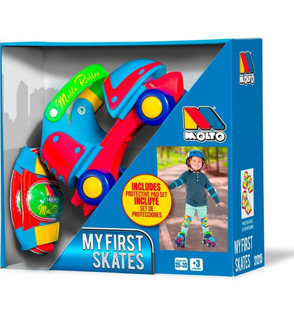 Colorful Moltó My First Skates for kids, size 25-32, designed for beginner skaters with adjustable straps and sturdy safety features.