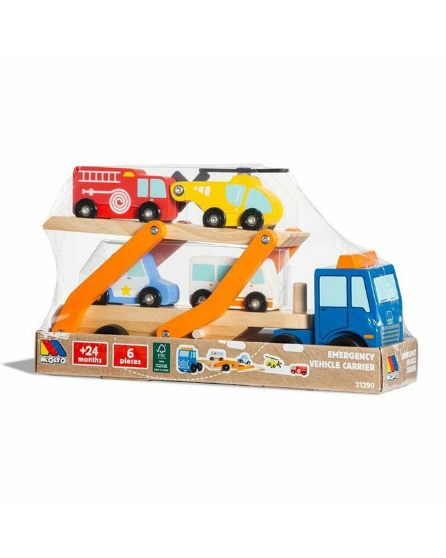 Molto Carrier Vrachtwagen toy vehicle in bright yellow with detailed truck design, part of Moltó's vehicle collection.