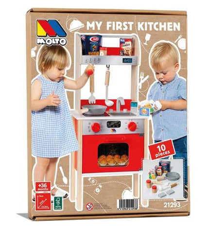 Red wooden toy kitchen set by Moltó with 10 pieces, featuring play utensils and accessories for pretend cooking activities.