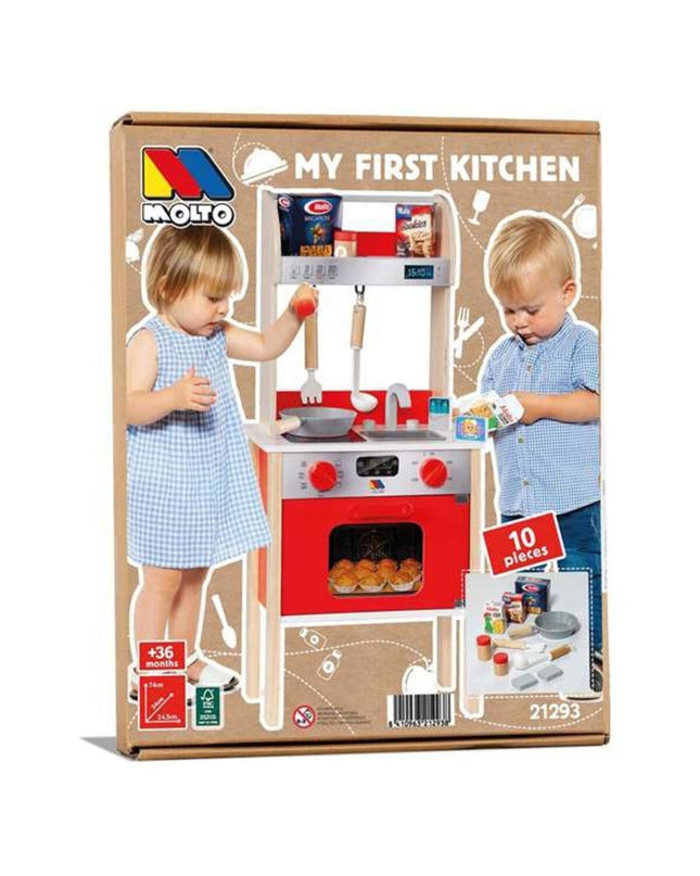 Red wooden toy kitchen set by Moltó with 10 pieces, featuring play utensils and accessories for pretend cooking activities.