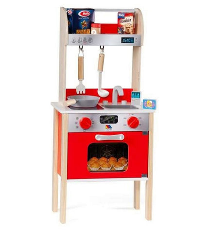 Moltó 21293 wooden toy kitchen set with 10 red play utensils and accessories, designed for imaginative pretend play.
