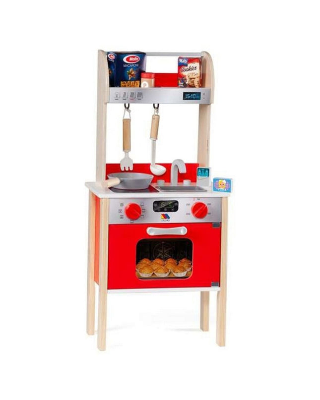 Moltó 21293 wooden toy kitchen set with 10 red play utensils and accessories, designed for imaginative pretend play.