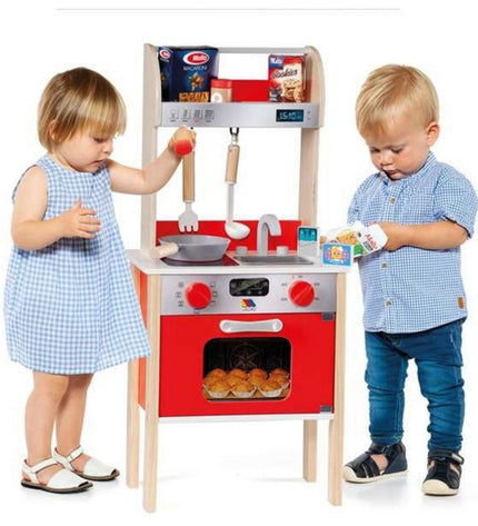 Moltó 21293 wooden toy kitchen set with 10 red imitation cooking utensils and accessories for children.