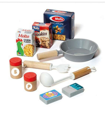 Red Moltó 21293 wooden toy kitchen set with 10 pieces, designed for imaginative play and role-playing games.