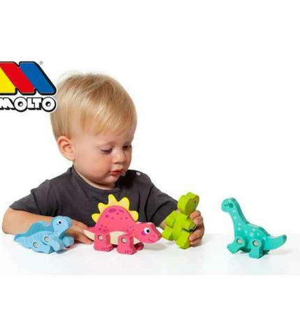 Set of four Moltó dinosaur toys from the Dinosaurussen collection, featuring colorful action figures and playful designs.