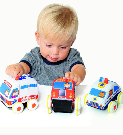 Set van 3 Moltó wrijving auto’s speelgoedvoertuigen voor kinderen, kleurrijke speelautos voor fantasierijk spel.