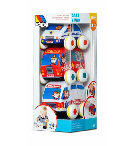 Set van 3 Moltó auto's met wrijving, speelgoedvoertuigen voor kinderen, kleurrijke plastic autos in een speelset.