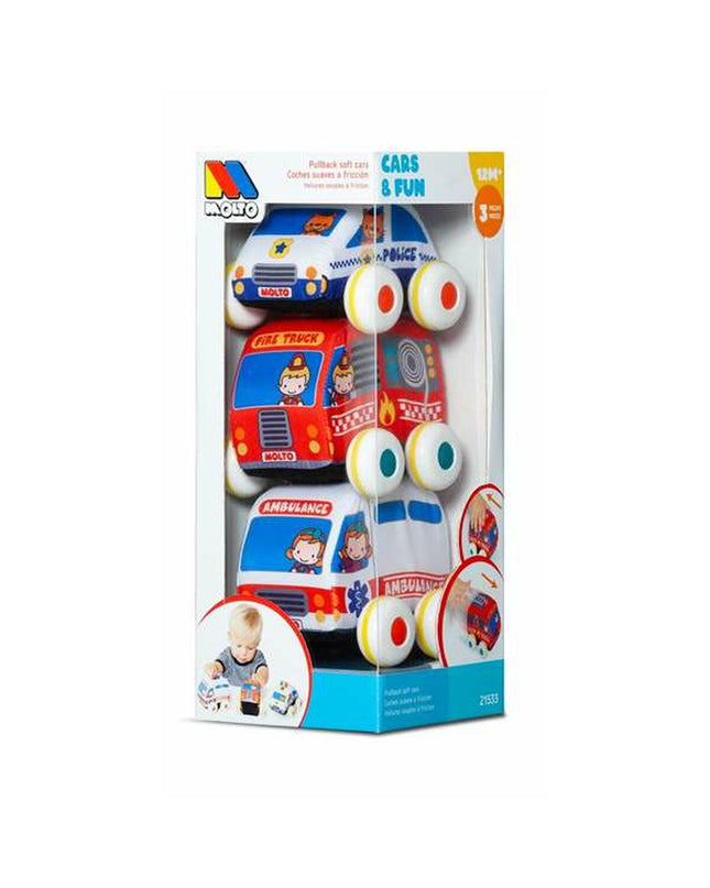 Set van 3 Moltó auto's met wrijving, speelgoedvoertuigen voor kinderen, kleurrijke plastic autos in een speelset.
