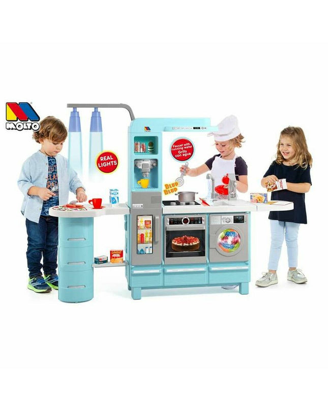Moltó Gourmet Kitchen toy set with a play sink and faucet for kids, measuring 113 x 15 x 36 cm, in a realistic kitchen design.