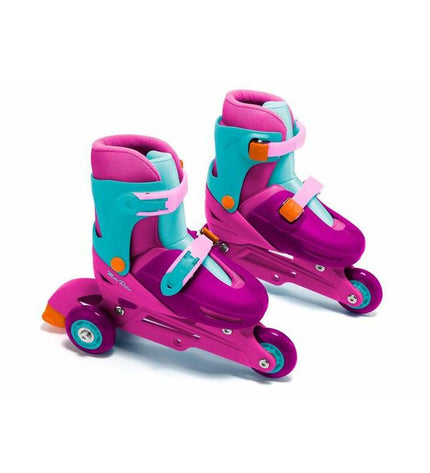 Pink Moltó adjustable kids' skates with pink and purple accents, featuring a sturdy design for outdoor play.