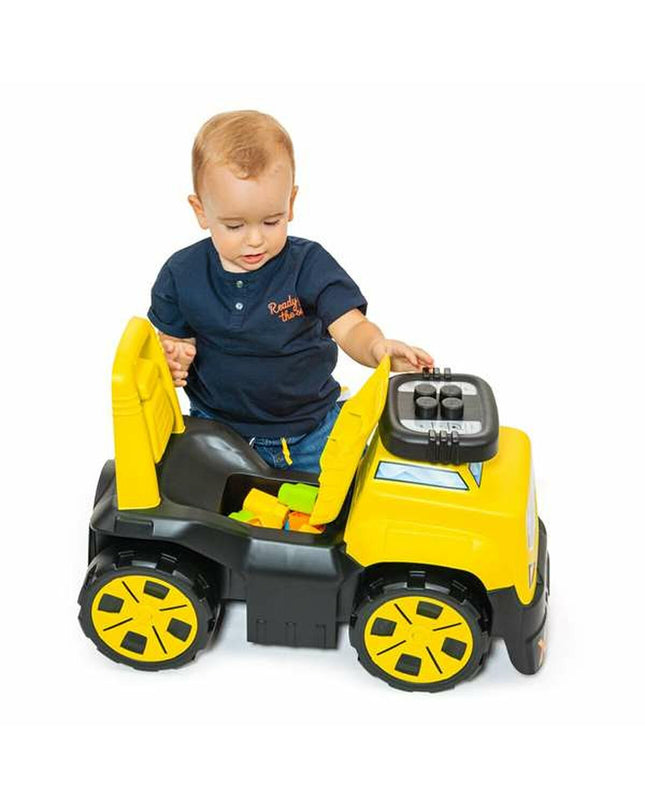 Moltó three-wheel toy bike with yellow wheels and blocks, 89 cm long, showing 10 parts for outdoor play and sports.