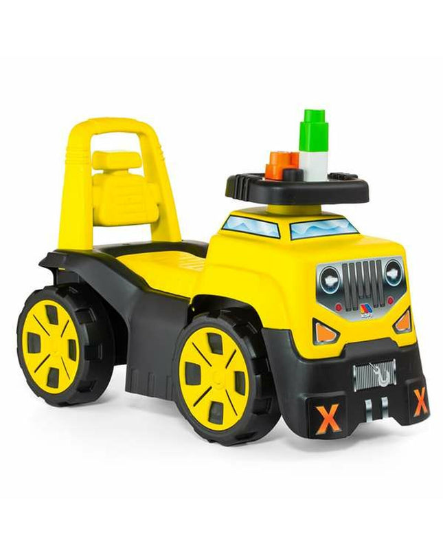 Yellow Moltó three-wheel scooter with 10 parts, 89 cm tall, featuring wheels and blocks for outdoor play and sports fun.