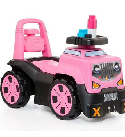 Pink Moltó 3-in-1 tricycle with 10 wheels and blocks, featuring various colorful toy components and accessories.