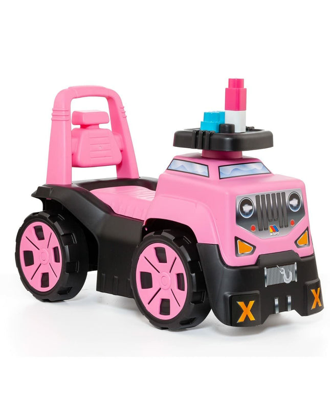 Pink Moltó 3-in-1 tricycle with 10 wheels and blocks, featuring various colorful toy components and accessories.