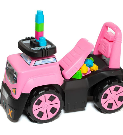 Pink Moltó 3-wheeled scooter with 10 parts, wheels, and blocks, suitable for outdoor play and sports for children.
