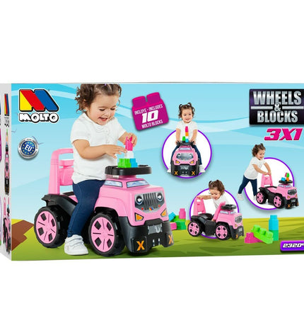 Pink Moltó three-wheeled ride-on toy with 10 parts, wheels and blocks, designed for outdoor play and sports activities.