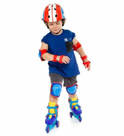 Blue Moltó knee and elbow protectors set for cycling, includes six pieces designed for outdoor sports and comfort.