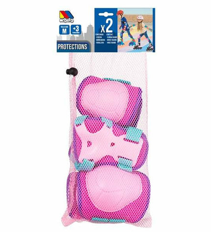 Pink Moltó knee and elbow protectors set for cycling, includes 6 pieces, designed for sport and outdoor activities.
