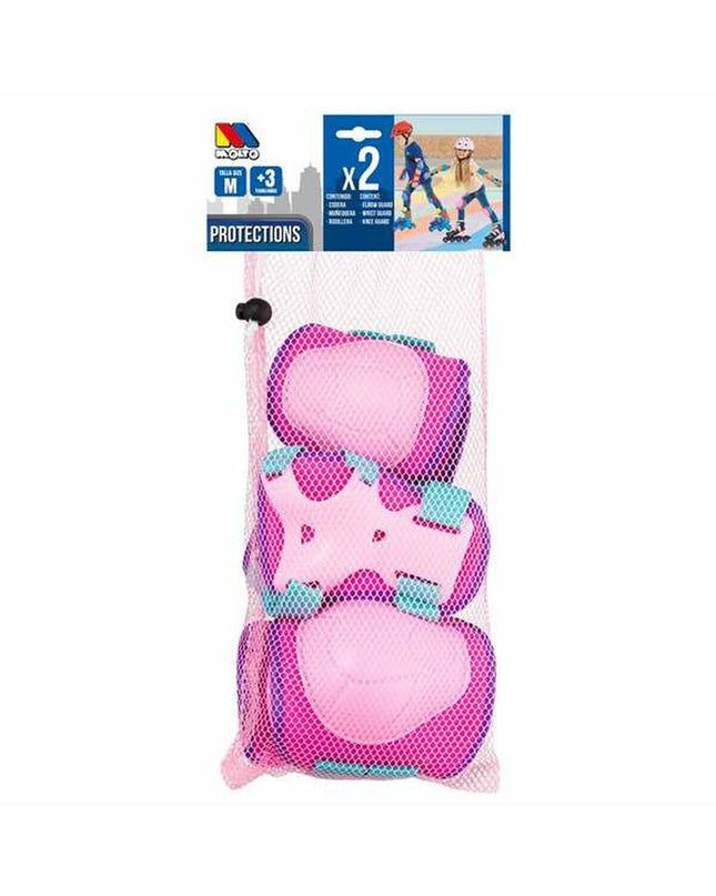 Pink Moltó knee and elbow protectors set for cycling, includes 6 pieces, designed for sport and outdoor activities.