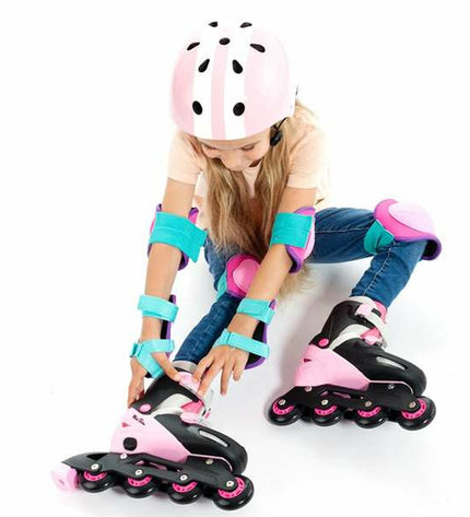 Pink Moltó elbow and knee protectors set for cycling, includes six pieces, sporty outdoor protective gear for riding comfort.