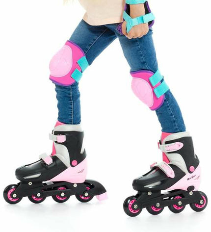 Pink Moltó knee and elbow protectors set for cycling, includes 6 sport and outdoor protective pads with adjustable straps.