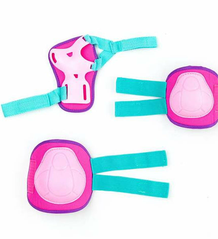 Pink Moltó elbow and knee protectors set for cycling, includes six pieces, padded sport outdoor protective gear.